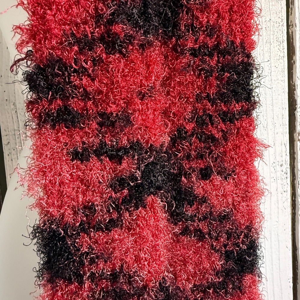 Handmade Crochet Woven Red Black Pink Fuzzy Knit Fringe Scarf One of a Kind Boho - Picture 4 of 10